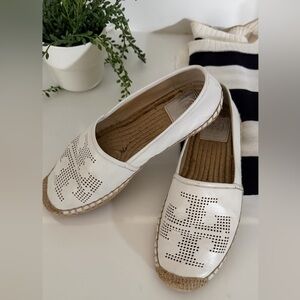 Tory Burch Perforated Logo White Leather Flat Espadrilles - Size 7.5